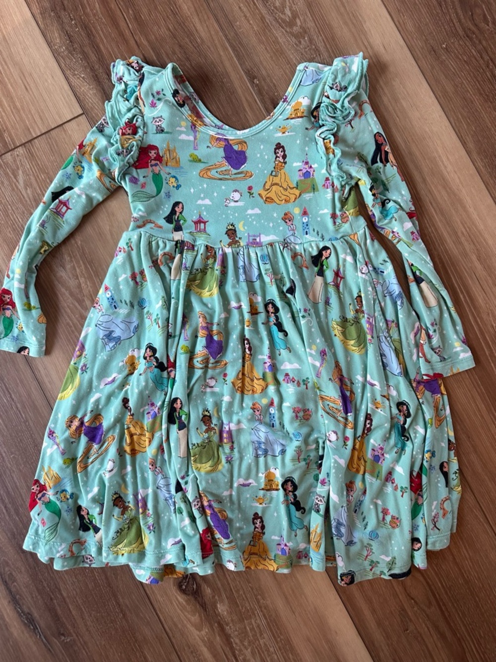 Little Sleepies Mint Green Princess Print Long Sleeve Twirl Dress - Picture 2 of 3